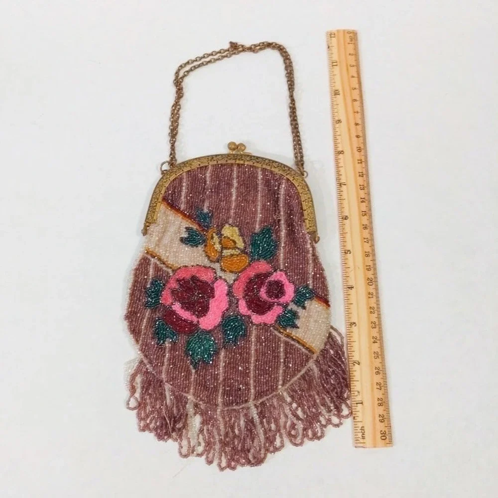 Antique 1920s Micro Beaded Purse Rose Floral Flapper Bag w/ Mirror 1929 Card Vtg